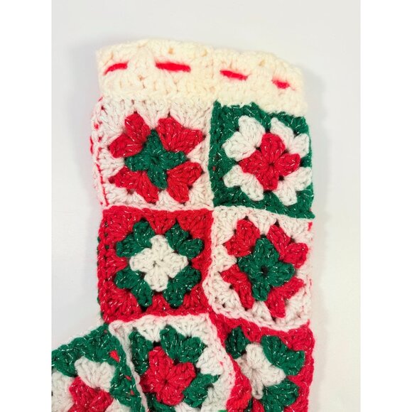 White Granny Square Christmas Stocking 13 Retro Handmade |Vintage Handmade - Picture 7 of 14